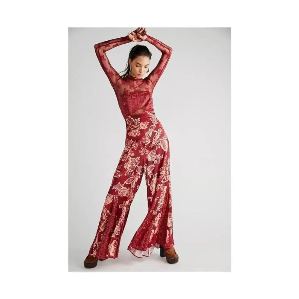 Free People Silky Juliet Jumpsuit Strapless Floral Wide Leg Jumpsuit Size Medium